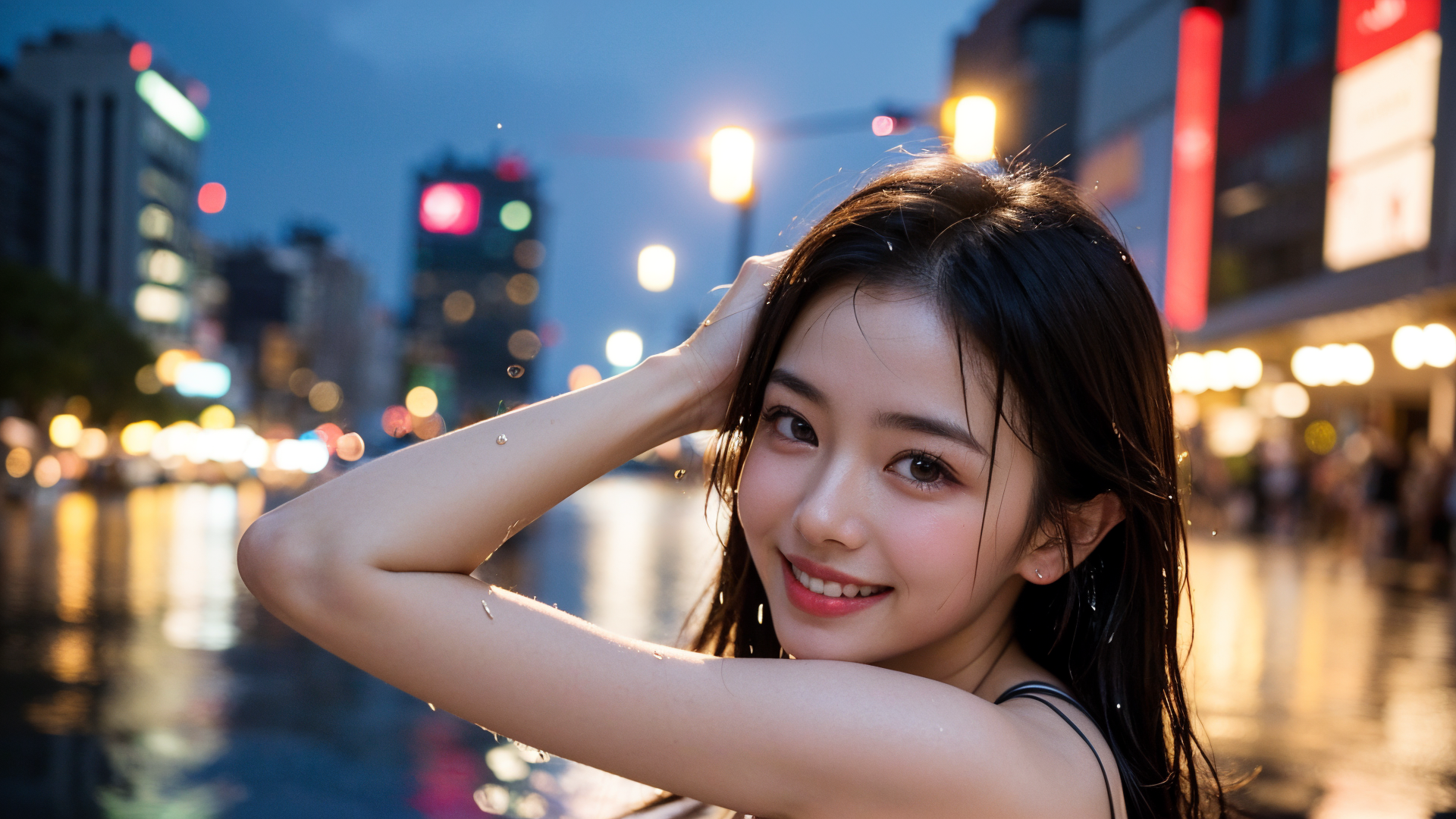 夜の都会で振り返る笑顔、ネオンに映る少女 #美少女 #夜景 #笑顔