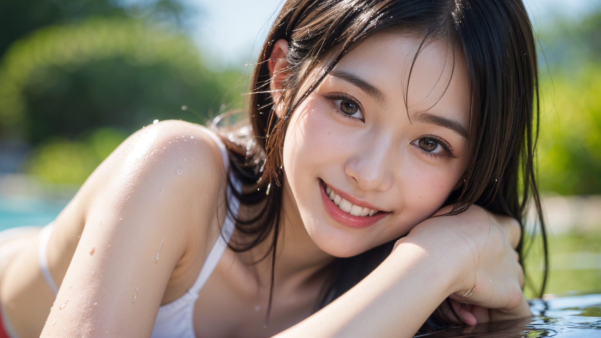 水辺で笑顔の黒髪美少女ポートレート #美少女 #水辺 #笑顔