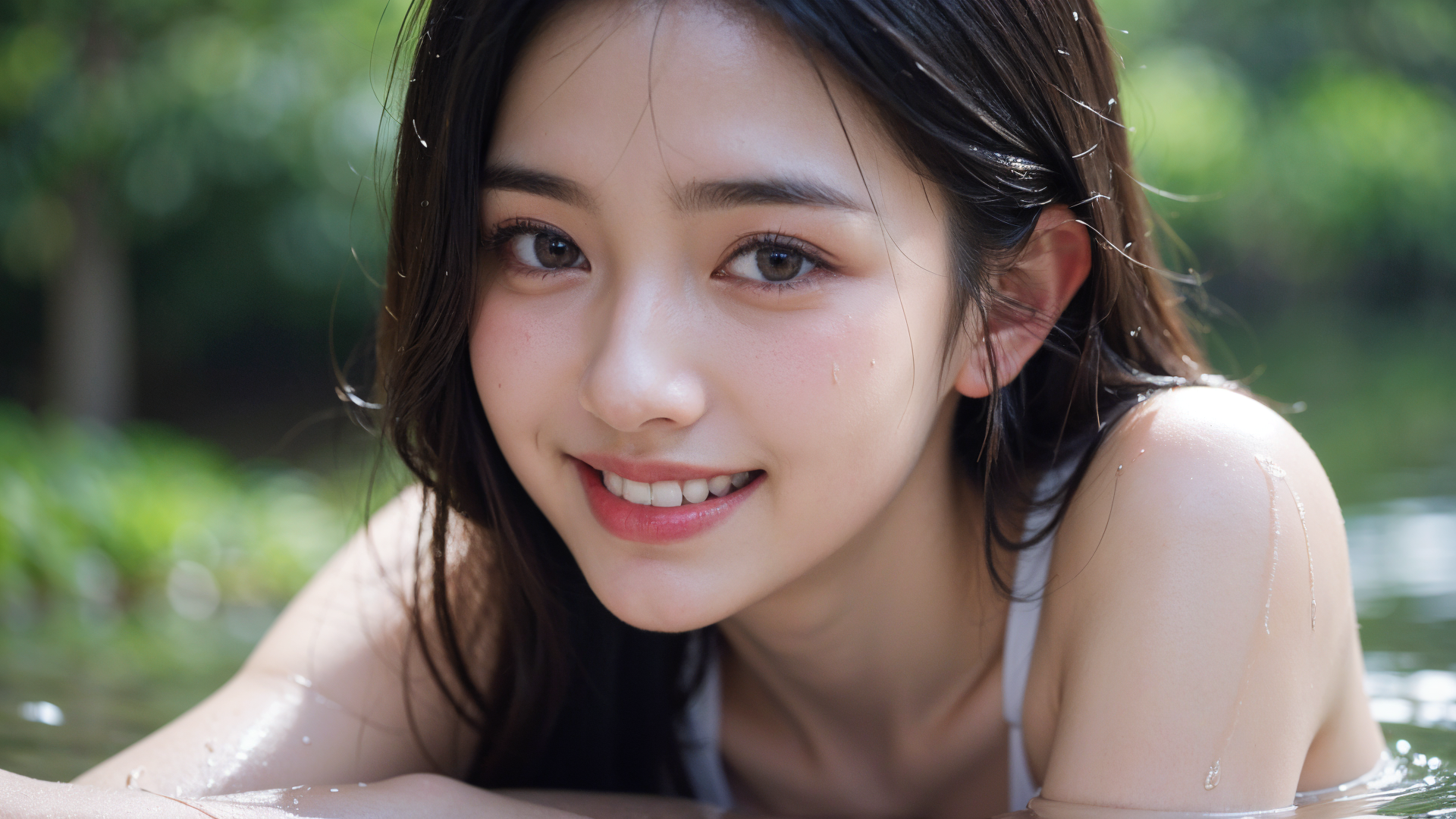 水辺の爽やかポートレート、青緑の庭園に映える笑顔 #美少女 #清楚 #笑顔