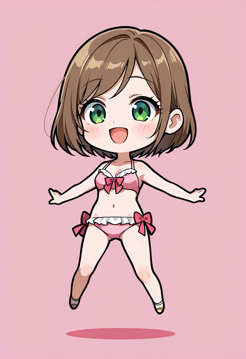 緑眼のショートヘア少女、ピンク水着で笑顔 #美少女 #水着 #笑顔