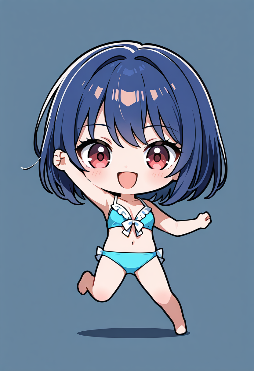 元気な笑顔のショートボブ少女、青い水着でジャンプ #美少女 #アニメ #水着