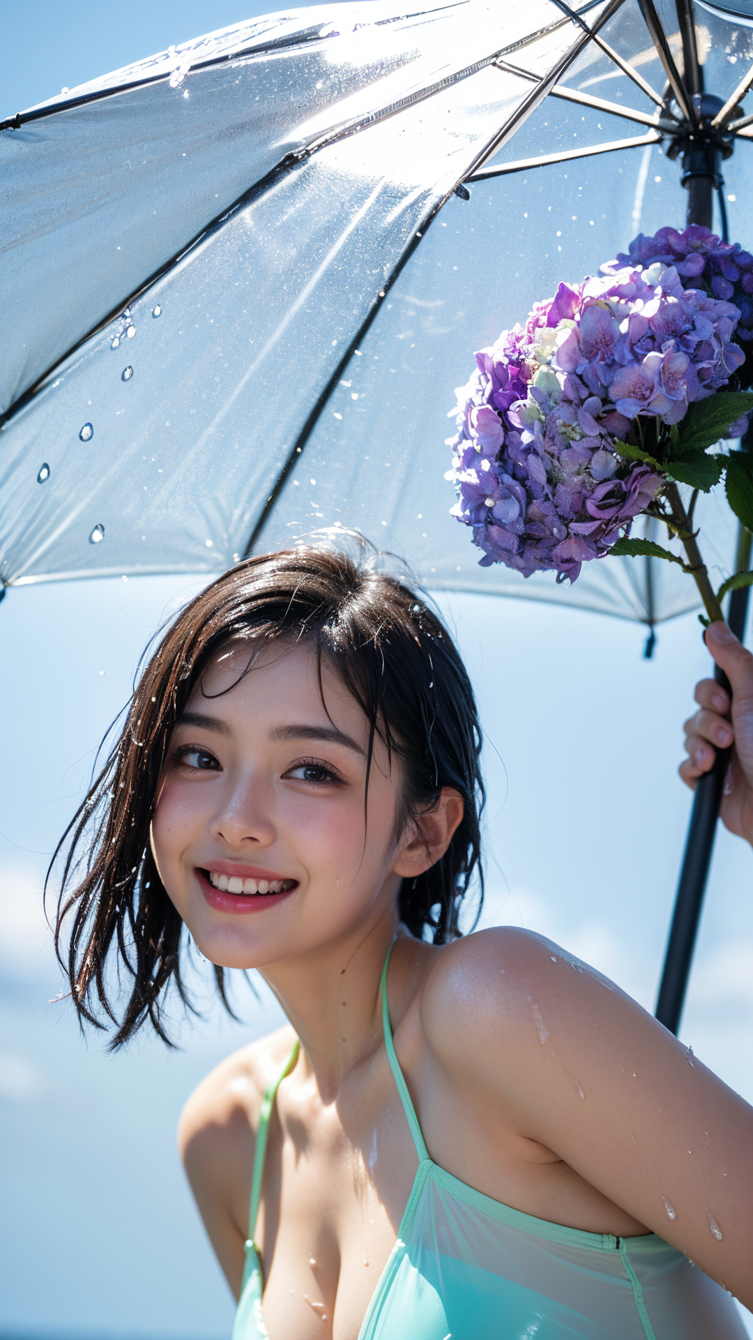 紫陽花と透明傘の夏ポートレート #美少女 #笑顔 #夏