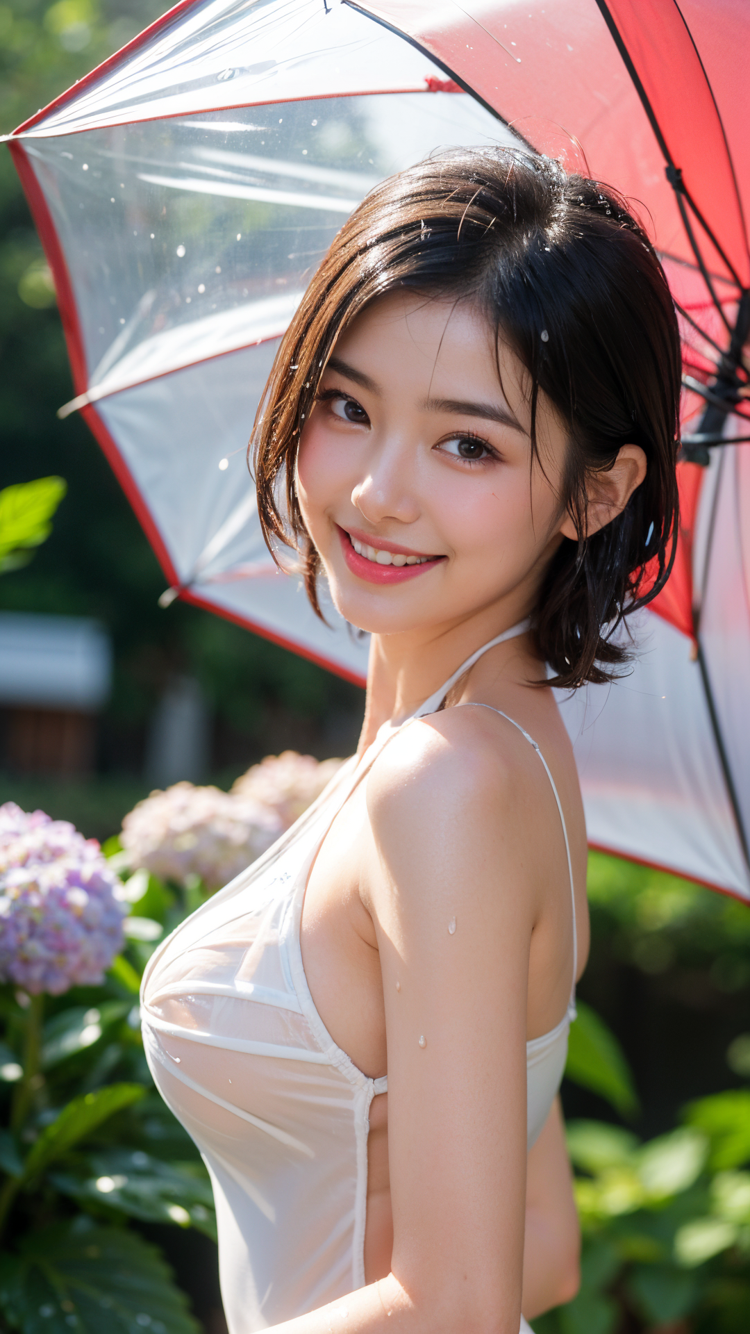 赤い傘と紫陽花、雨の庭園で微笑む #美少女 #清楚 #笑顔