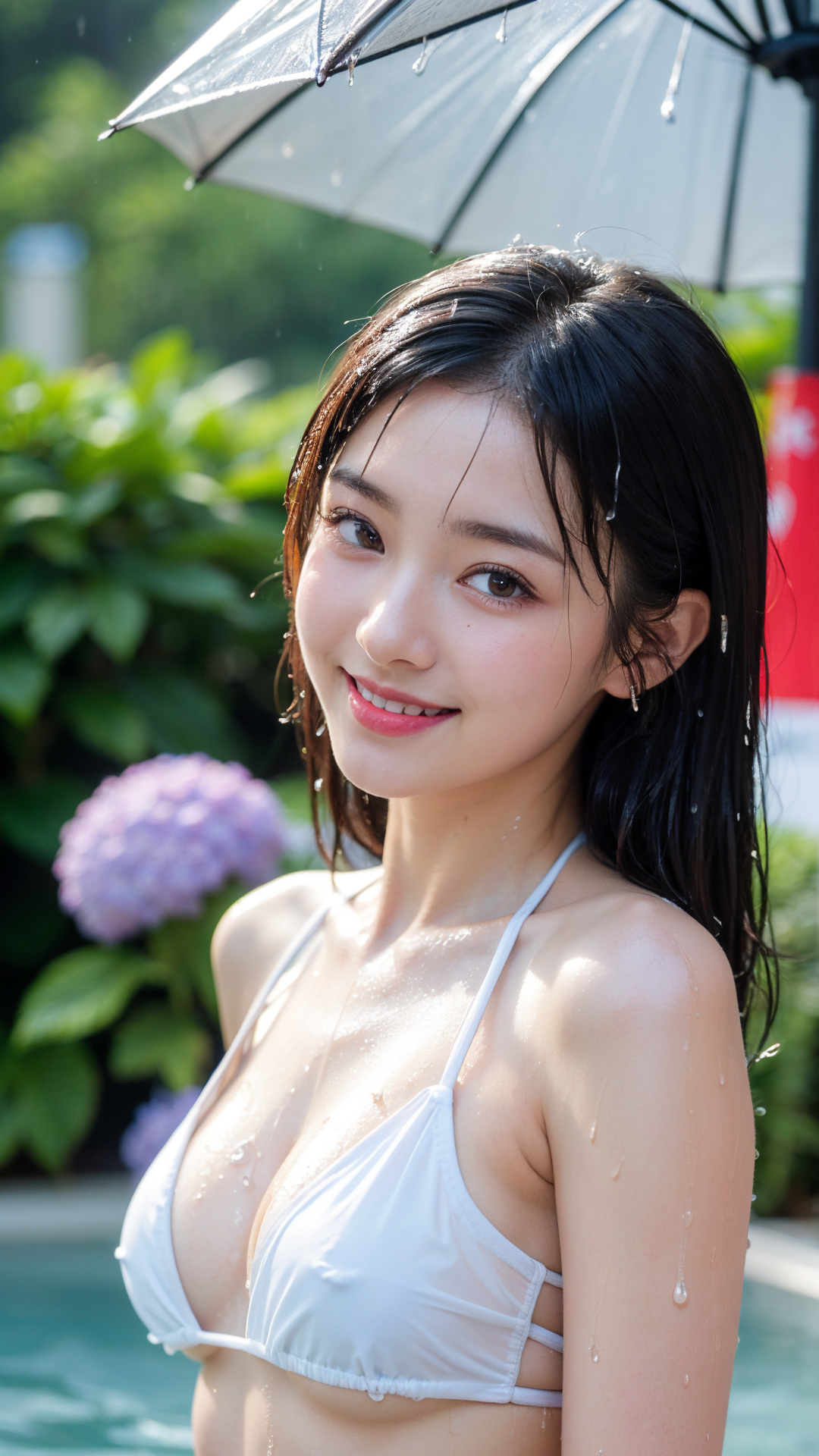 雨の日の庭園ポートレート #美少女 #笑顔 #水着