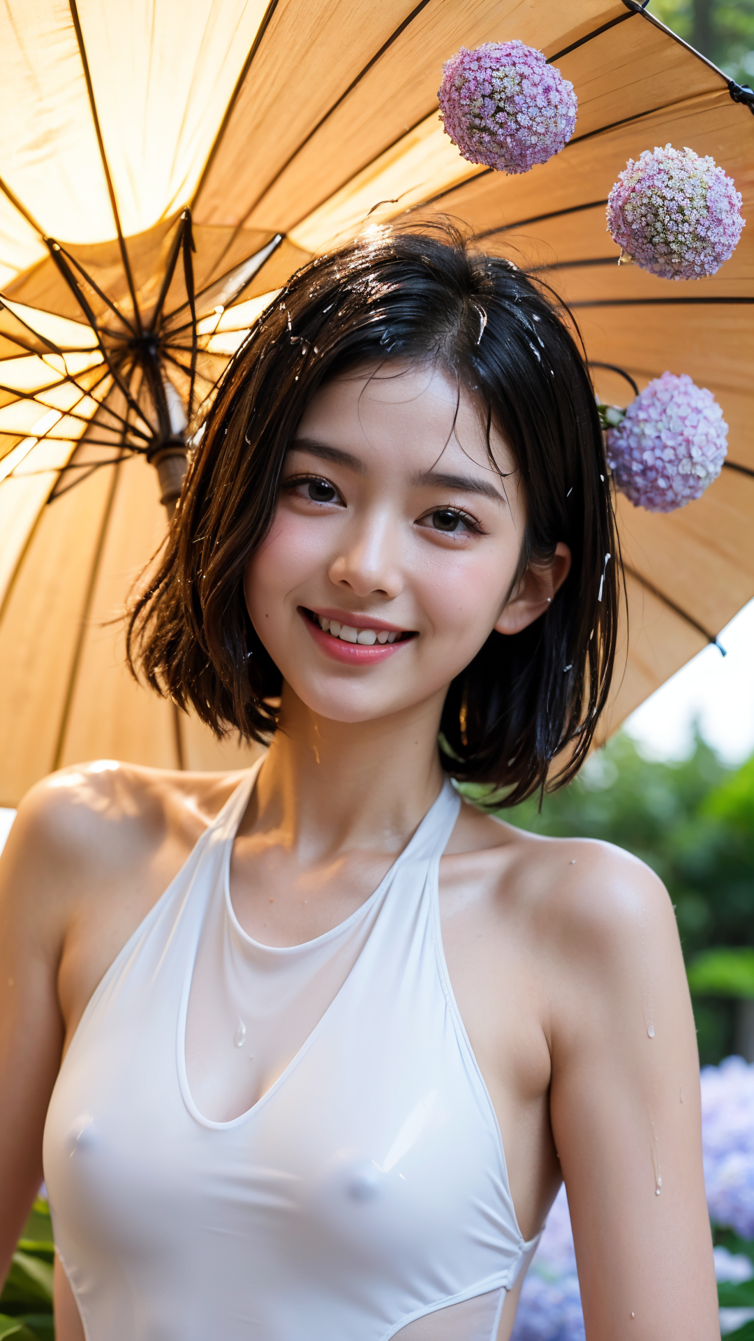 紫陽花と傘の夏景色、爽やかな笑顔 #美少女 #清楚 #笑顔