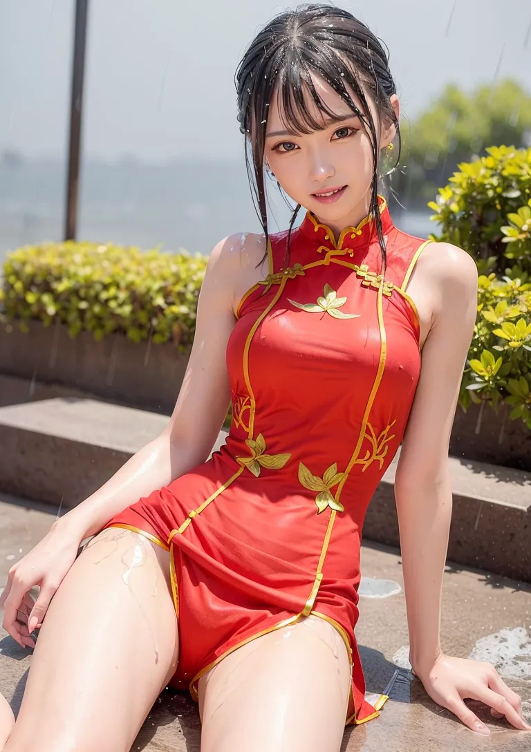 黄色い花が咲く庭園を背景に、鮮やかな赤いチャイナドレスを着た少女が優雅な笑顔を浮かべています。黒髪をまとめたヘアスタイルと金色の装飾が品のある印象を引き出したアニメ調イラストです。