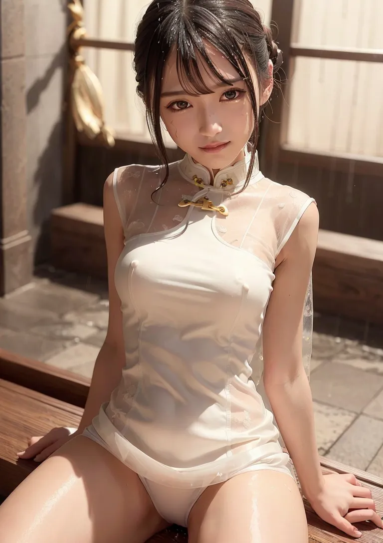 黒髪をまとめた清楚な表情の美少女が、白い短めのチャイナドレスに金色の留め具を合わせ、和風の室内で上品に佇むアニメ調のイラストです。柔らかい採光が優雅な雰囲気を引き出しています。