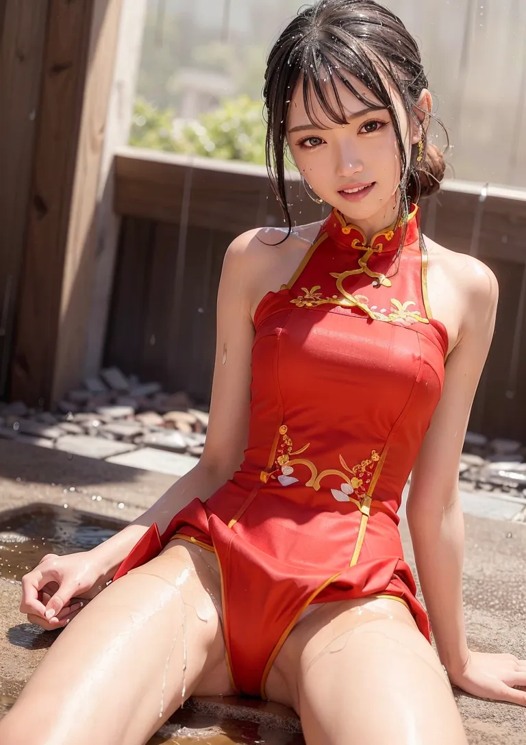 古風な赤いチャイナドレスに身を包み、屋外の自然光の中で優雅に佇む美少女のポートレート。黒髪をまとめた髪型と穏やかな表情が、古典美を引き出しています。