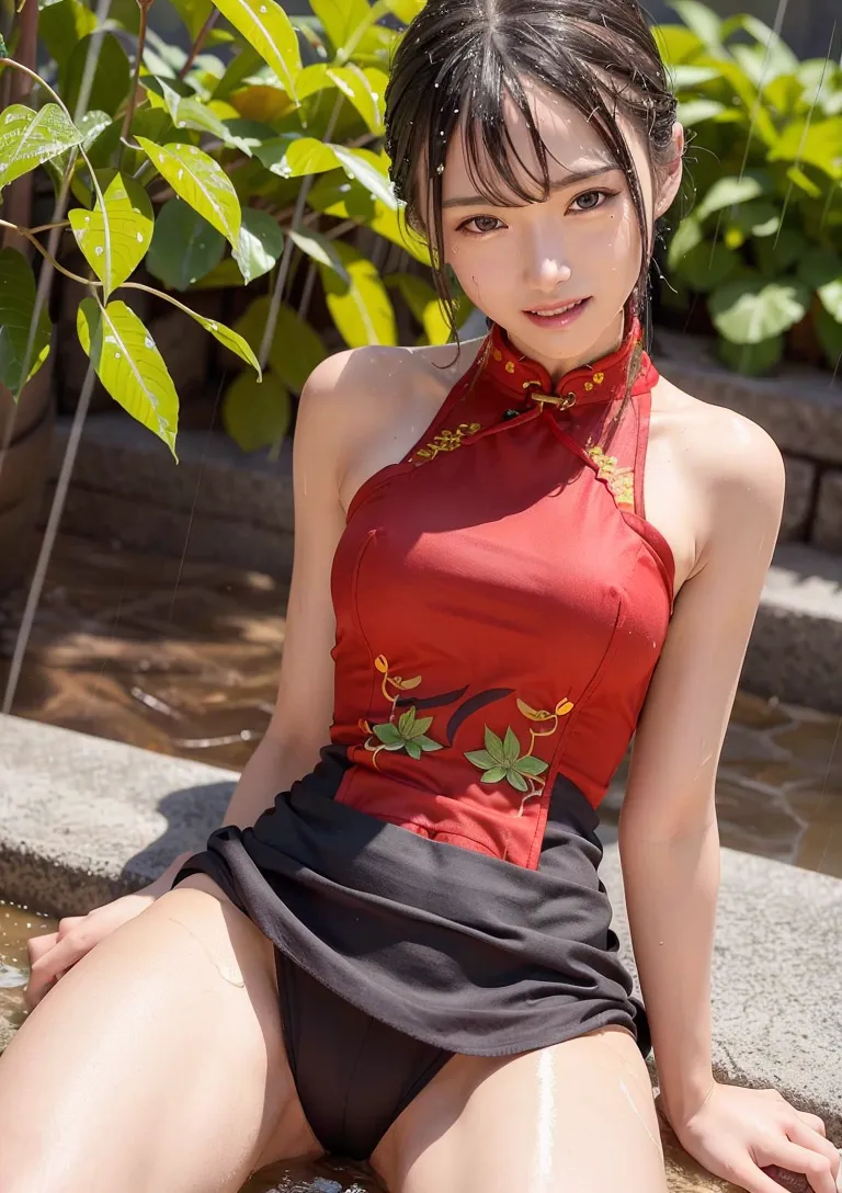 赤い刺繍入りのチャイナドレスを身に纏い、青々とした草木に囲まれた屋外の庭園で微笑む美少女のポートレートです。夏の清々しい光に包まれた自然な表情が魅力的です。