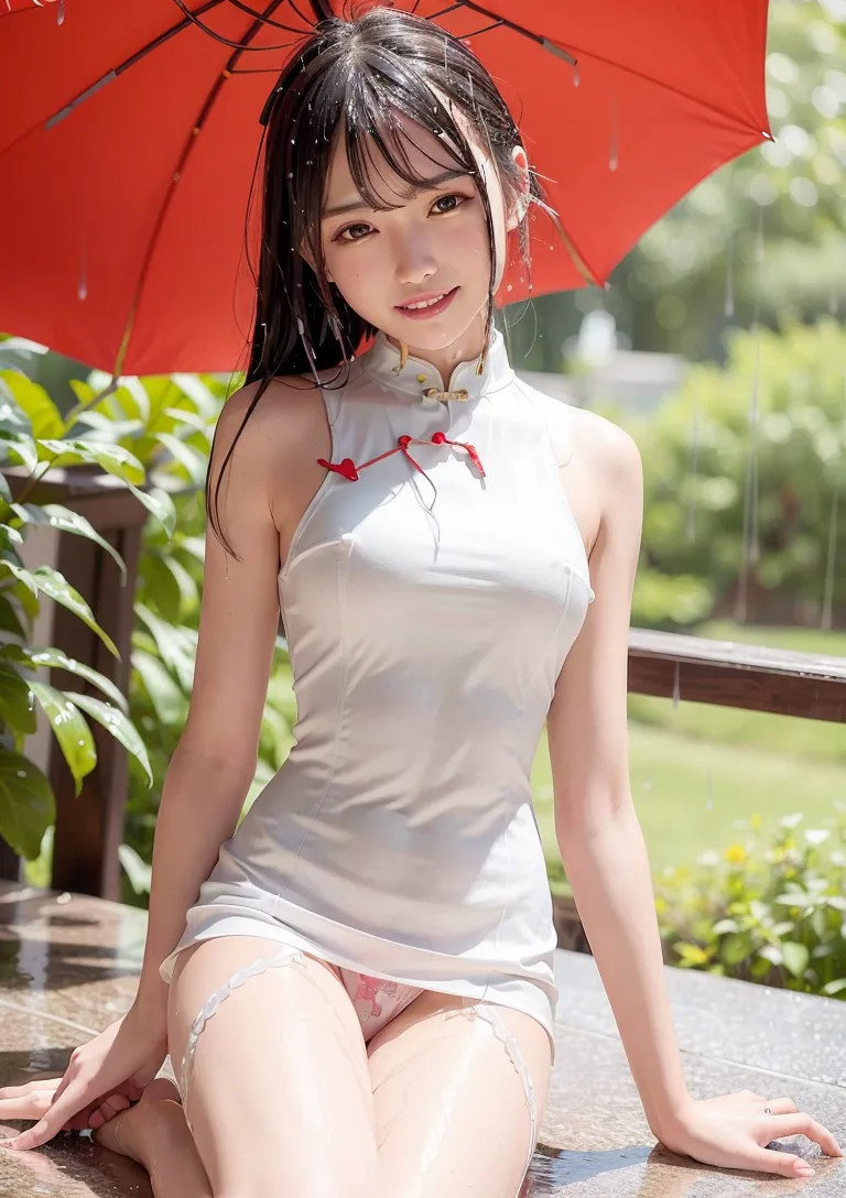 白いチャイナドレスに赤いリボンをあしらった清楚な美少女が、鮮やかな赤い傘を持ちながら屋外で優雅に微笑んでいます。緑の庭園を背景にした、雨の日の艶やかなアニメ調ポートレートです。