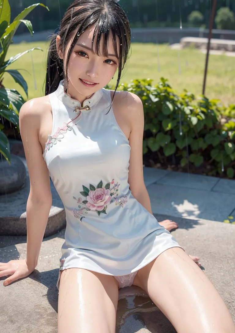 緑豊かな庭園の屋外で、白地にピンク色の花柄が入ったチャイナドレスを身につけた美少女が、爽やかな笑顔を見せています。濡れた黒髪と明るい日差しが清涼感を演出する夏の一枚です。