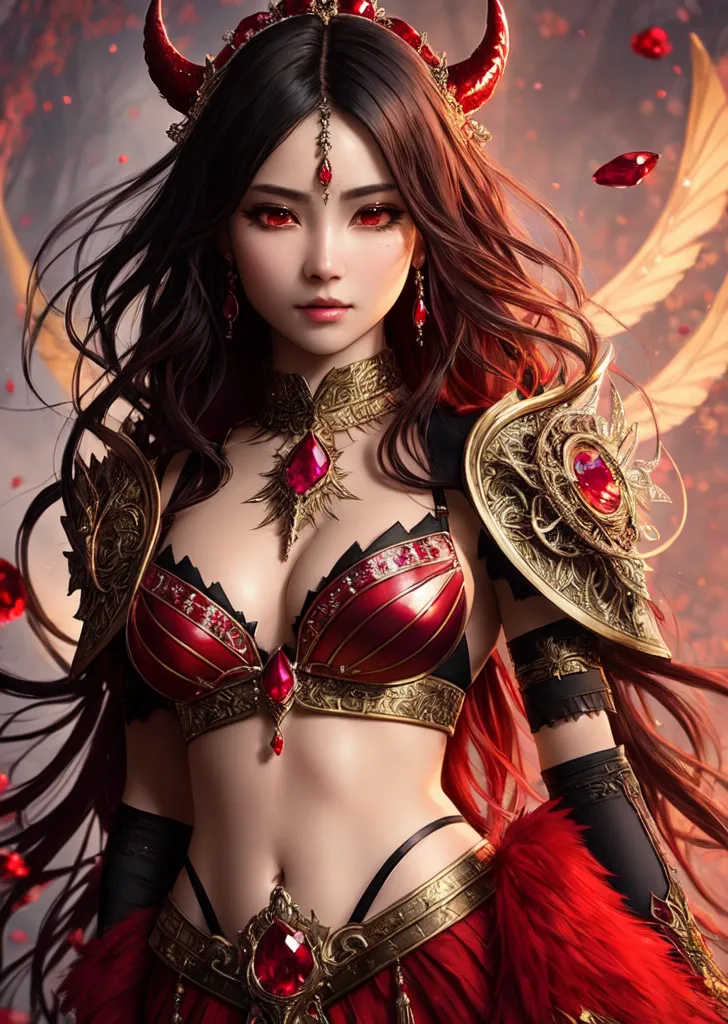 黒髪に赤い瞳、豪華な金装飾と赤いコスチュームで身を包んだ悪魔的な美少女のファンタジーイラスト。炎のような背景と漂う光の粒子が、神秘的で壮厳な雰囲気を演出する作品です。