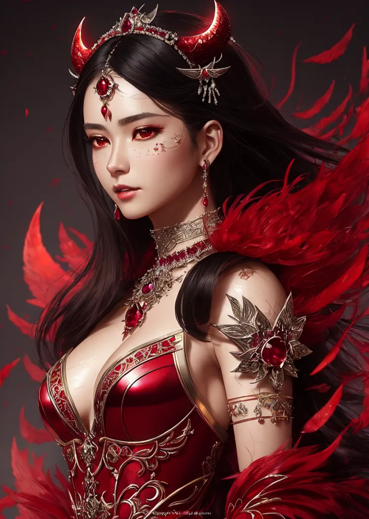 深紅のドレスと精緻な金色の装飾品で身を包んだ、神秘的で気高い表情の美少女のポートレート。黒く長い髪と赤く輝く瞳、額の宝石装飾、そして舞い散る赤い羽根が、妖艶で王妃のような気品を演出しています。