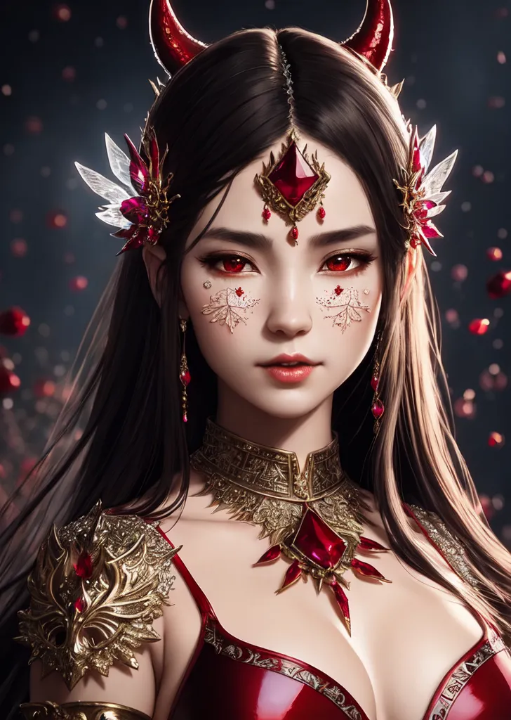 黒髪にそそり立つ赤い角と、宝石をちりばめた豪華な衣装を纏った美少女のデジタルアート。赤い瞳と頬の金色の装飾が幻想的な魔界の貴族を表現しており、落ちてくる宝石のエフェクトが神秘的な雰囲気を演出しています。