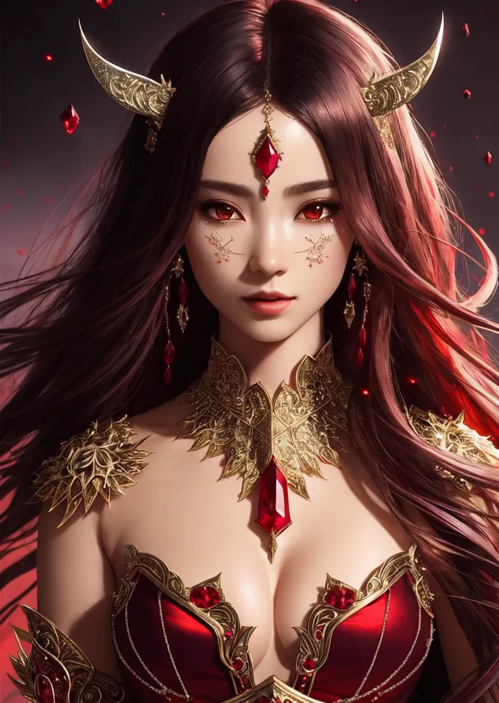 黒紅色の長髪に金色の装飾角を備えた妖艶な表情の美少女イラスト。赤い瞳と額の赤い宝石、金色の装甲飾りで統一された神秘的なファンタジーキャラクター。