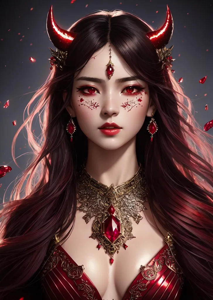 発光する角と深紅の瞳を持つ神秘的な少女。金装飾の首飾りと妖艶な衣装に身を包み、頬には装飾的な紋様が施されている。暗い背景に浮かぶ炎のような粒子が、ファンタジー的な世界観を演出する高品質なデジタルイラストです。