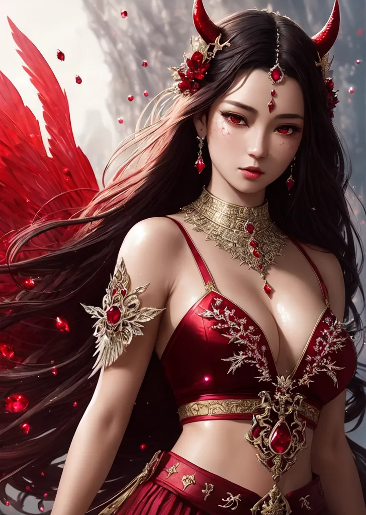黒髪に赤い花飾りと角を宝石で装飾し、豪華な赤と金のドレスを身にまとった美少女のアニメ調イラスト。大きな赤い羽と輝く宝石が舞う幻想的な背景で、妖艶で気品ある表情が印象的です。