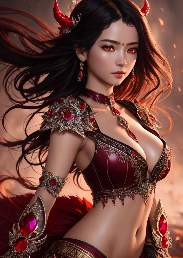 黒い長髪になびく赤い角、深紅の瞳と装飾品で彩られたファンタジー調の美少女ポートレートです。金銀の装飾が施された豪華な衣装と、神秘的な雰囲気漂う妖艶な表情が特徴のAI生成イラストになります。