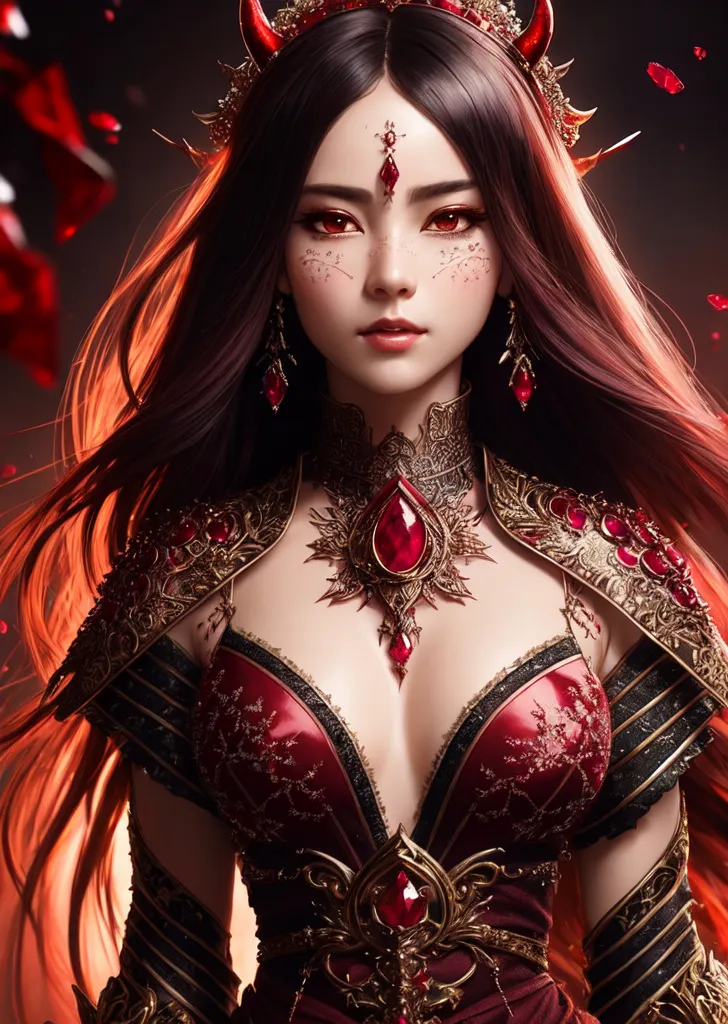 漆黒の長髪に赤く輝く瞳、額には宝石を散りばめた魔女のポートレートです。赤と黒を基調とした豪華な衣装に金色の装飾が施され、炎のような光が舞う幻想的な背景で妖艶に描かれています。