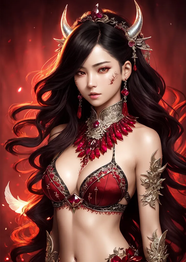黒髪に銀色の角を頂き、赤く輝く炎に包まれた妖艶な表情の美少女イラスト。豪華な装飾品と和風の意匠、体に施された神秘的なタトゥーが、華麗で神秘的な存在感を放っています。