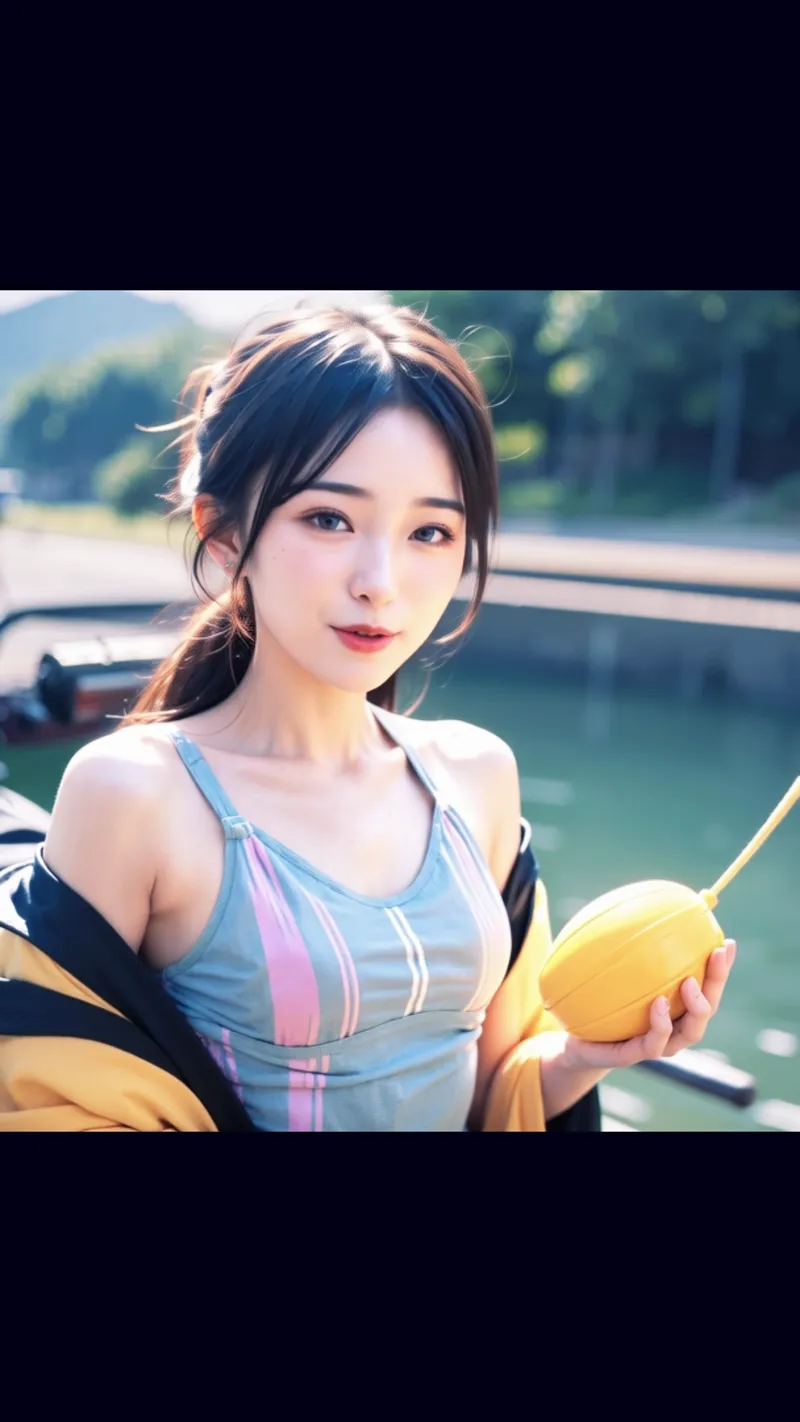 清々しい湖を背景に、スポーツウェア姿の少女が黄色い果実を手に優しい表情で佇む。自然光に包まれた屋外での爽やかなイラスト作品です。