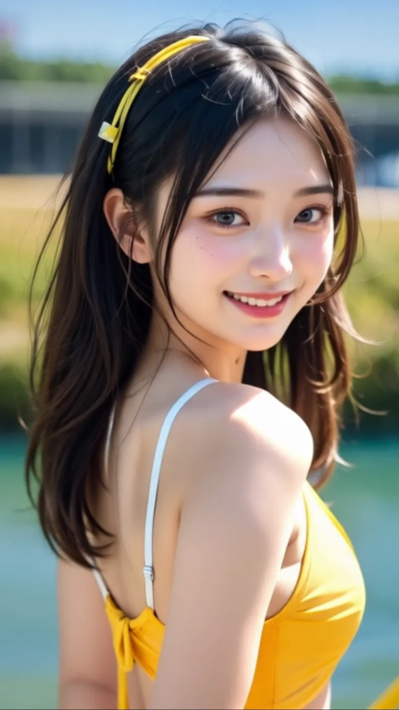 川辺の夏の日差しの中、黄色い水着姿で振り返る清楚な表情の美少女。黒髪に黄色のヘアバンドを付け、透明感のある肌と爽やかな笑顔が印象的なアニメ調イラストです。