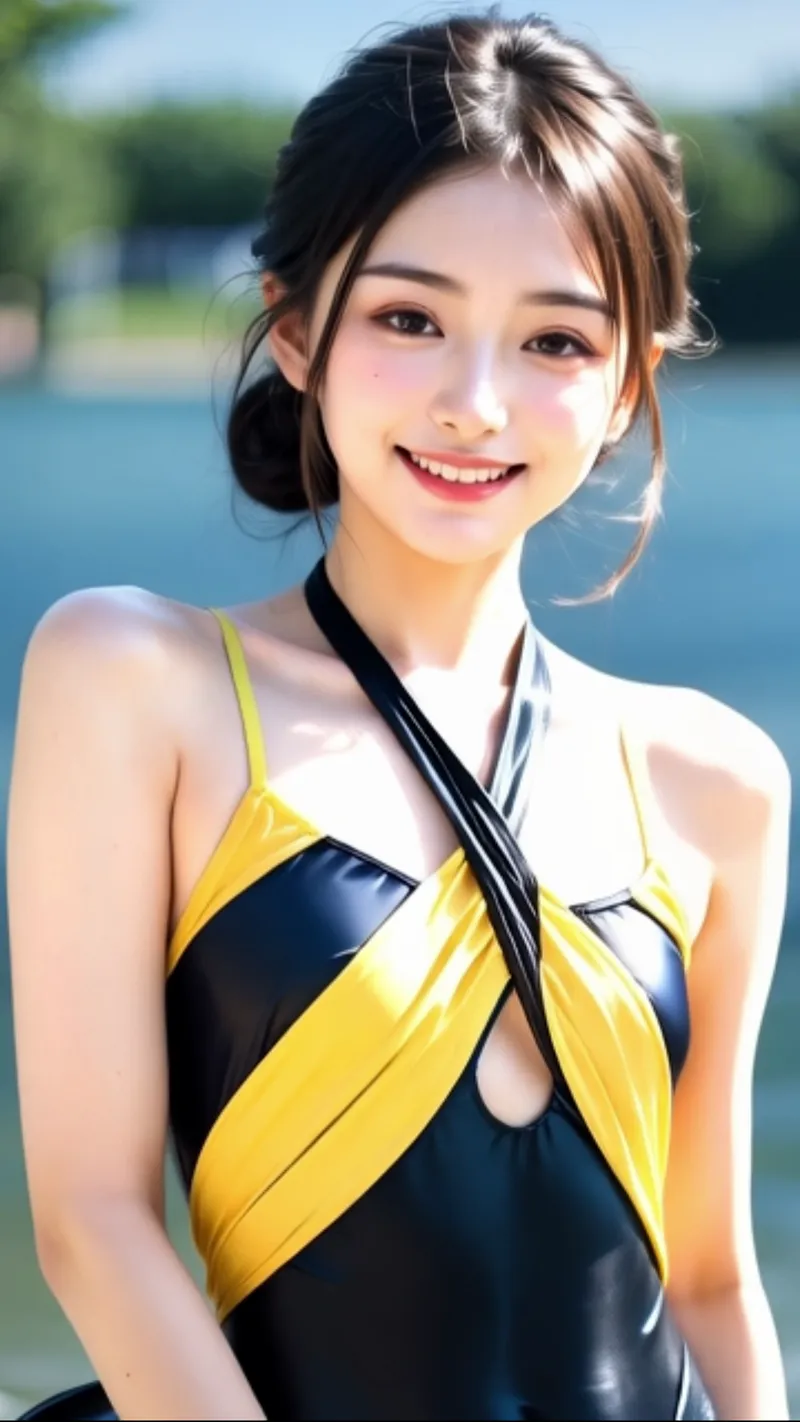 黒髪をアップスタイルにまとめた美少女が、湖を背景に爽やかな笑顔を見せるポートレート。黄色と紺のコントラストが映える夏らしい装いで、清潔感あふれる屋外ショットです。