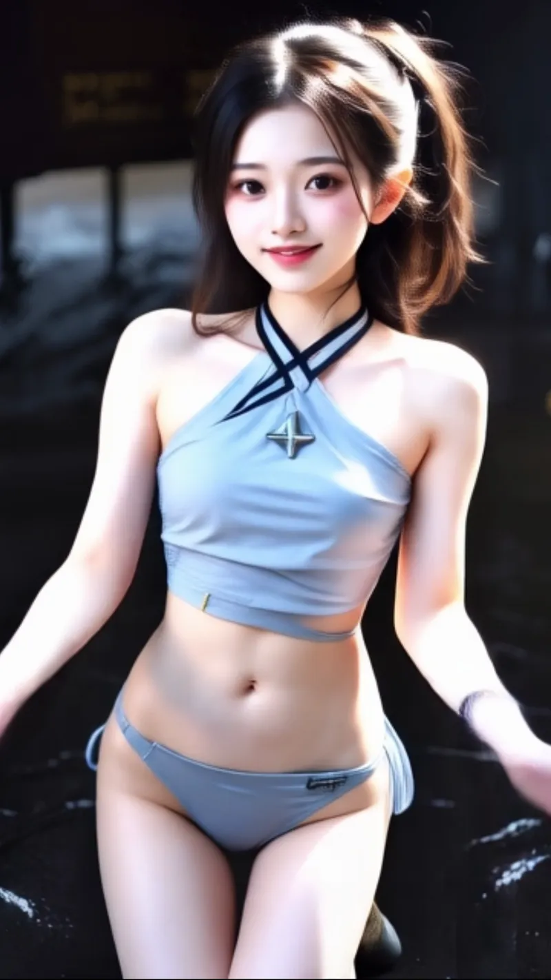 黒髪をまとめた清潔感のある表情で、淡いブルーのスポーツトップスを身につけた美少女のポートレート。温かい光に包まれた室内で、自然な笑顔を見せています。