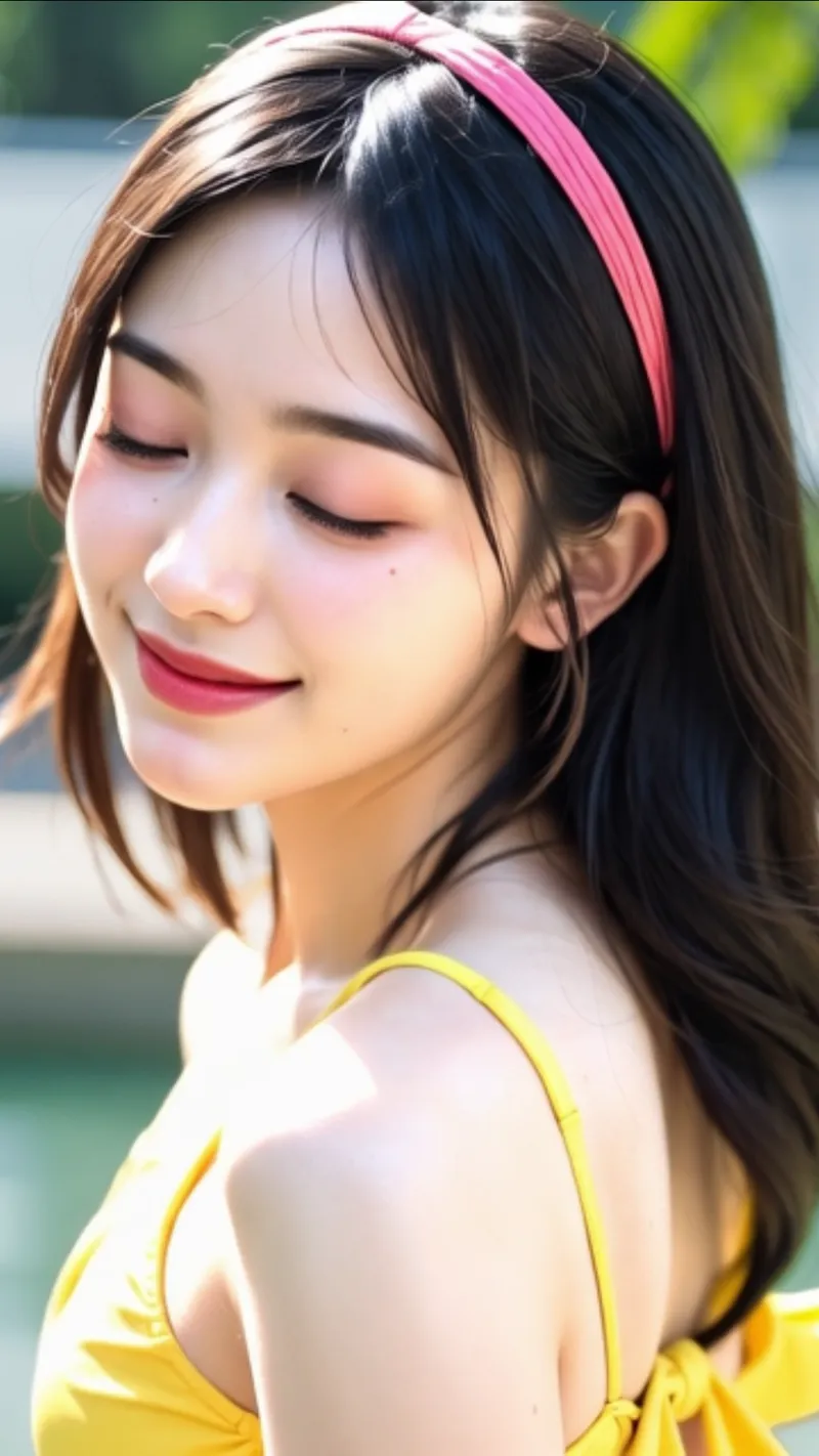 清潔感あふれる笑顔で横向きに佇む美少女のポートレート。黒髪にピンクのヘアバンドをあしらい、黄色いトップスを着こなす夏らしい一枚です。屋外の自然な光に包まれた穏やかな表情が印象的。