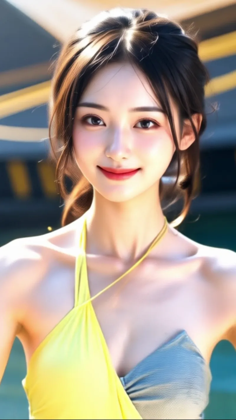 黒髪をアップスタイルに纏めた美少女が、黄色と青の水着姿で爽やかな笑顔を見せるアニメ調イラストです。自然光に優しく照らされた肌の質感と、夏らしい色合いが印象的な一枚です。