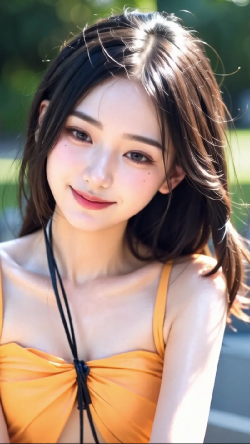 柔らかな春の日差しが輝く屋外で、黒いひもが付いた鮮やかな黄色のトップスを着た美少女が、穏やかで清潔感のある笑顔を向けています。長い髪に白いヘアクリップをあしらい、明るく優しい雰囲気のアニメ調イラストです。