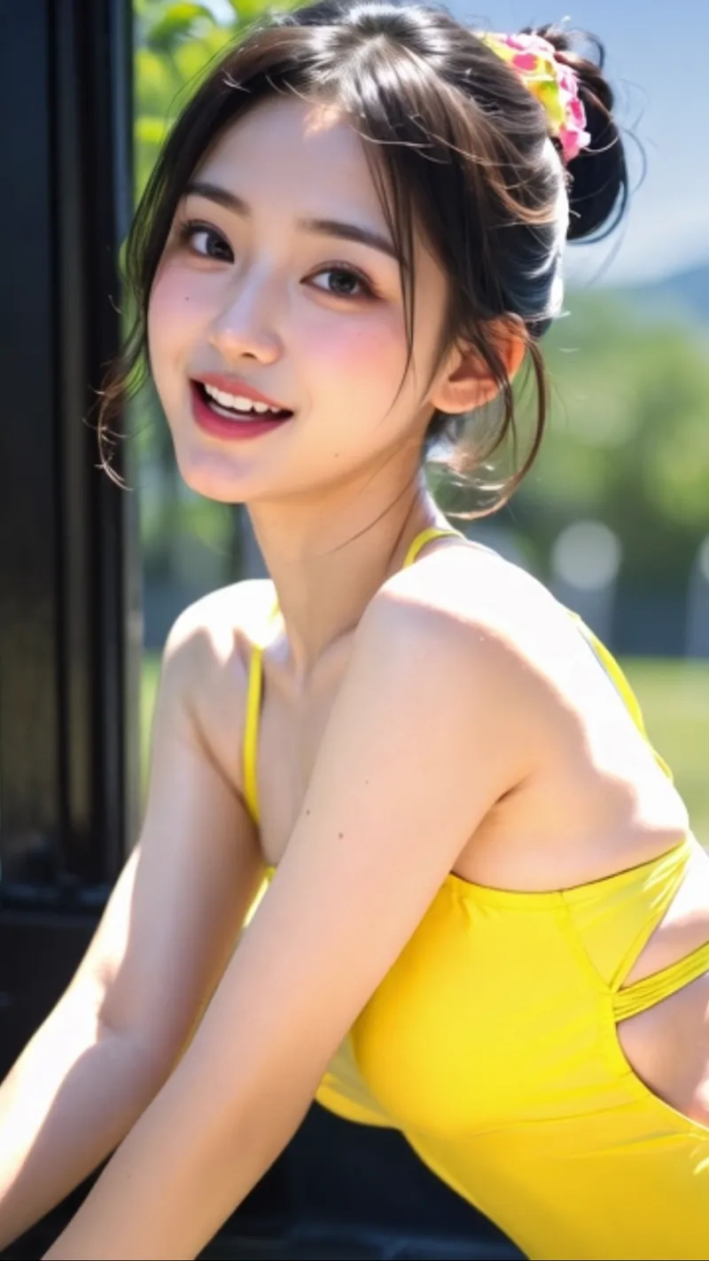 爽やかな夏の野外で、黄色のワンピースを身に纏い、後ろを振り返りながら明るく微笑む少女。花飾りで整えた髪とみずみずしい表情が、穏やかな日中の光に優雅に映えます。