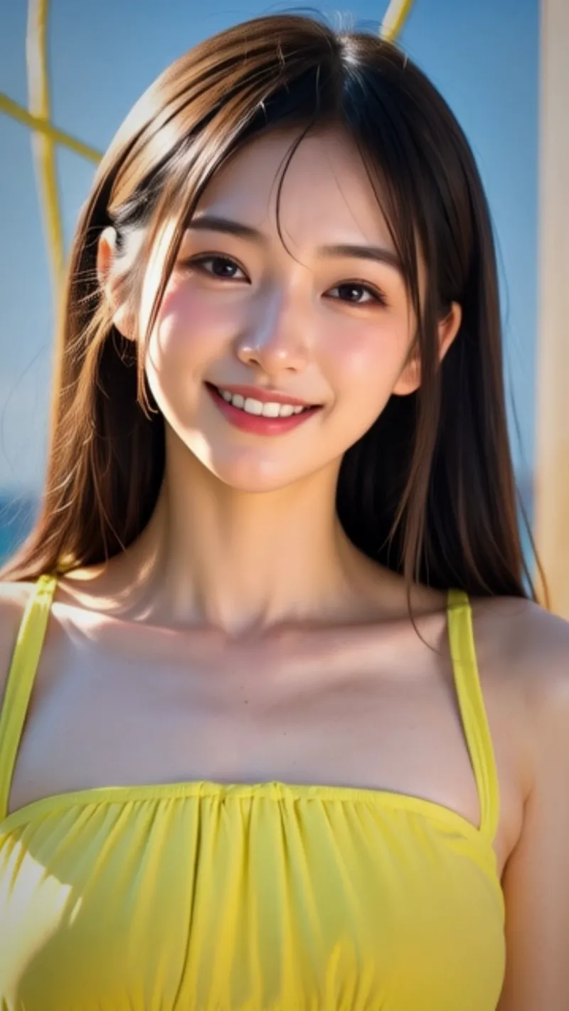明るい黄色のワンピースを身にまとい、清潔感あふれる笑顔を見せる美少女のポートレート。長く流れる黒髪と爽やかな表情が、晴れた空を背景に映える一枚です。