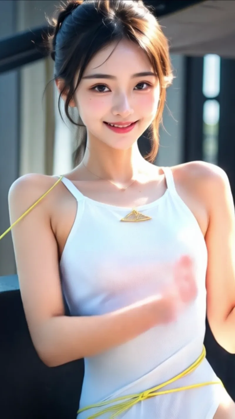 午後の柔らかい光が差し込む屋外で、白いタンクトップを身にした美少女が清楚な笑顔を見せるアニメ調ポートレート。部分的にまとめた髪と爽やかな表情が印象的です。