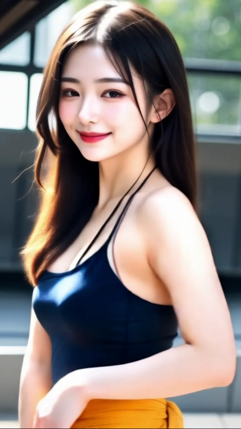 室内の窓辺で振り返る黒髪の美少女。光と影が優雅に落ちた清楚な表情と、紅い唇が印象的です。爽やかで柔らかい雰囲気のポートレート作品。