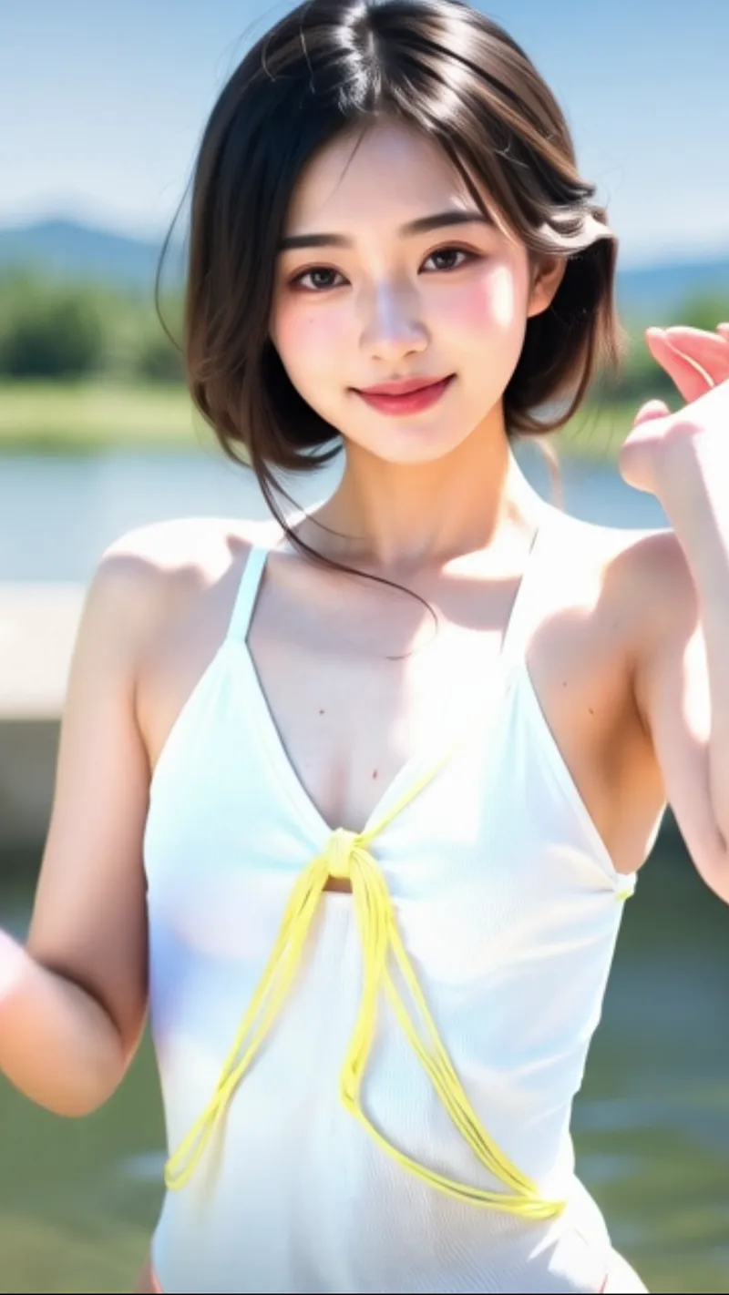 青々とした湖を背景に、ショートヘアの少女が清潔感のある白いハーフトップに黄色のアクセントを合わせて立っています。柔らかい午後の光に包まれた、夏の屋外ポートレートです。