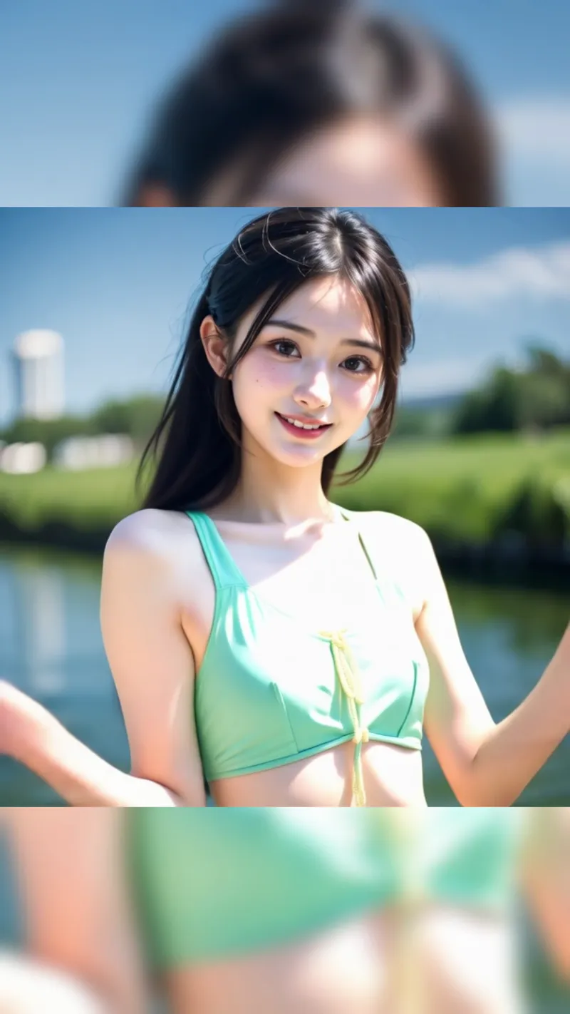 青空と緑の河畔を背景に、黒髪をなびかせながら微笑む少女のアニメ調ポートレート。爽やかな夏の日差しが肌を柔らかく照らし、清涼感のある雰囲気が漂います。