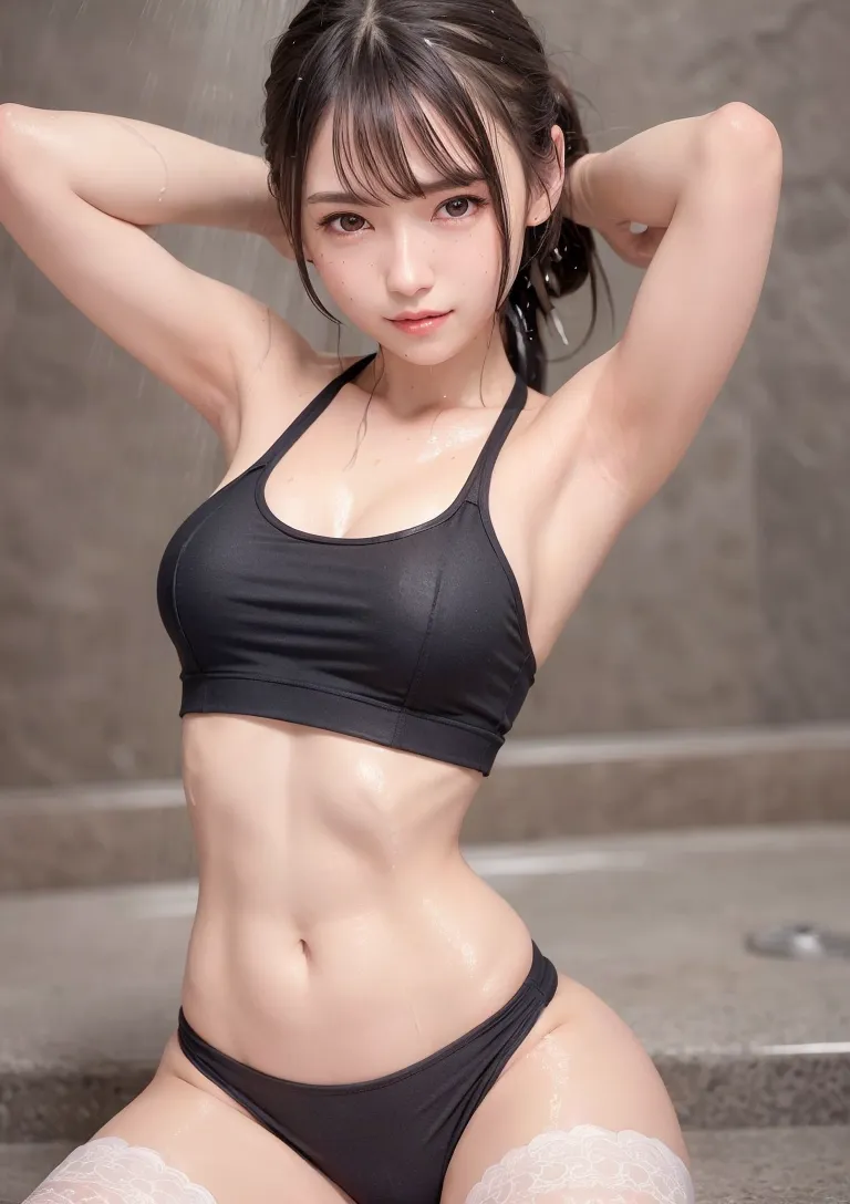 濡れたコンクリート背景で、黒いスポーツウェアを身に着けた少女がカメラを見つめるポートレート。前髪とツインテールのヘアスタイル、引き締まった表情が印象的です。