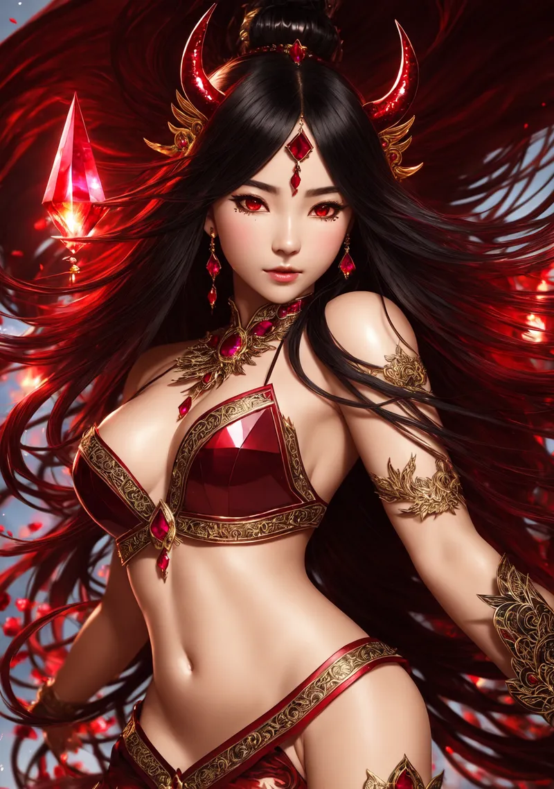 黒髪ロングに輝く赤い瞳を持つ、ファンタジー世界の魔法少女を描いたAIイラストです。黄金の装飾が施された赤と黒を基調とした衣装と、発光する角のアクセサリーが神秘的な雰囲気を演出しています。