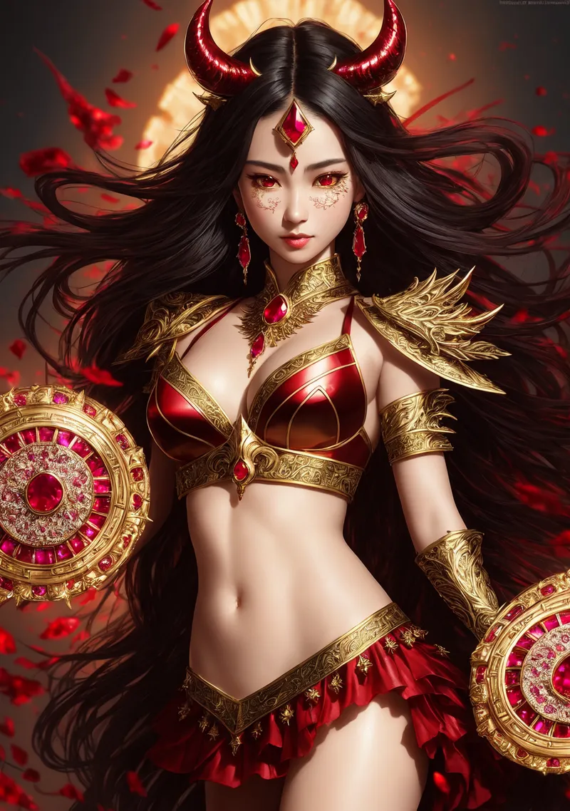漆黒の長髪に紅い角を装備した妖艶な美少女が、金色の豪華な装飾衣装と宝石装飾で身を纏い、炎のような赤い光に包まれた神秘的なファンタジーイラスト。