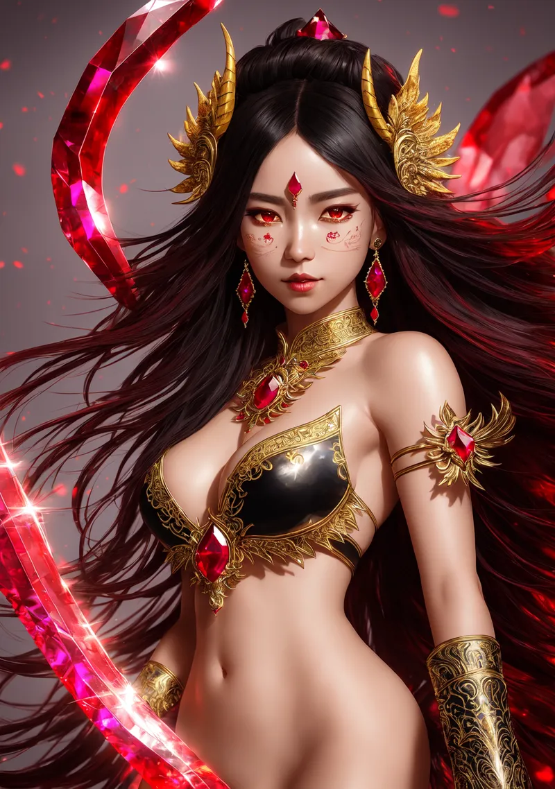 黒髪を流れるように靡かせた神秘的な美少女の高精細イラストです。金色の装飾品と赤い宝石をあしらった豪華な衣装、炎のような赤眼と顔に施された神秘的なメイクが、幻想的で妖艶な雰囲気を醸し出しています。