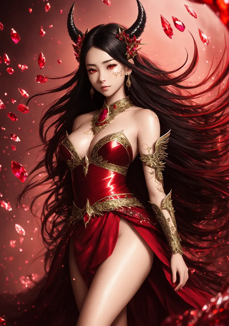黒い長髪と鋭い角を持つファンタジーキャラクター。赤く輝く瞳と金色の装飾品が神秘的な雰囲気を醸し出し、浮遊する赤い宝石が幻想的な背景を彩ります。