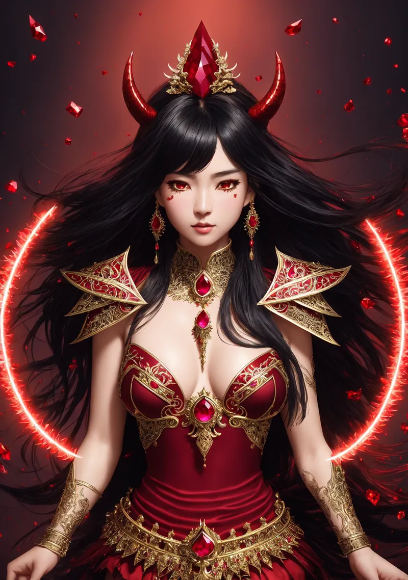 漆黒の長髪に赤い角冠を頂き、鮮烈な赤い瞳で正面を見据える女性。赤と黄金の豪華な衣装に身を包み、発光するエフェクトが周囲に舞う幻想的なポートレート。