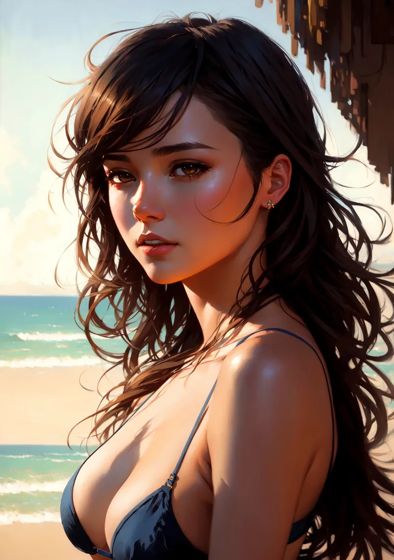 黒髪をなびかせ、静かな表情で海を見つめる女性のポートレート。夕方の光が肌を柔らかく照らし、波打つ砂浜と空の色合いが穏やかな夏の雰囲気を演出しています。