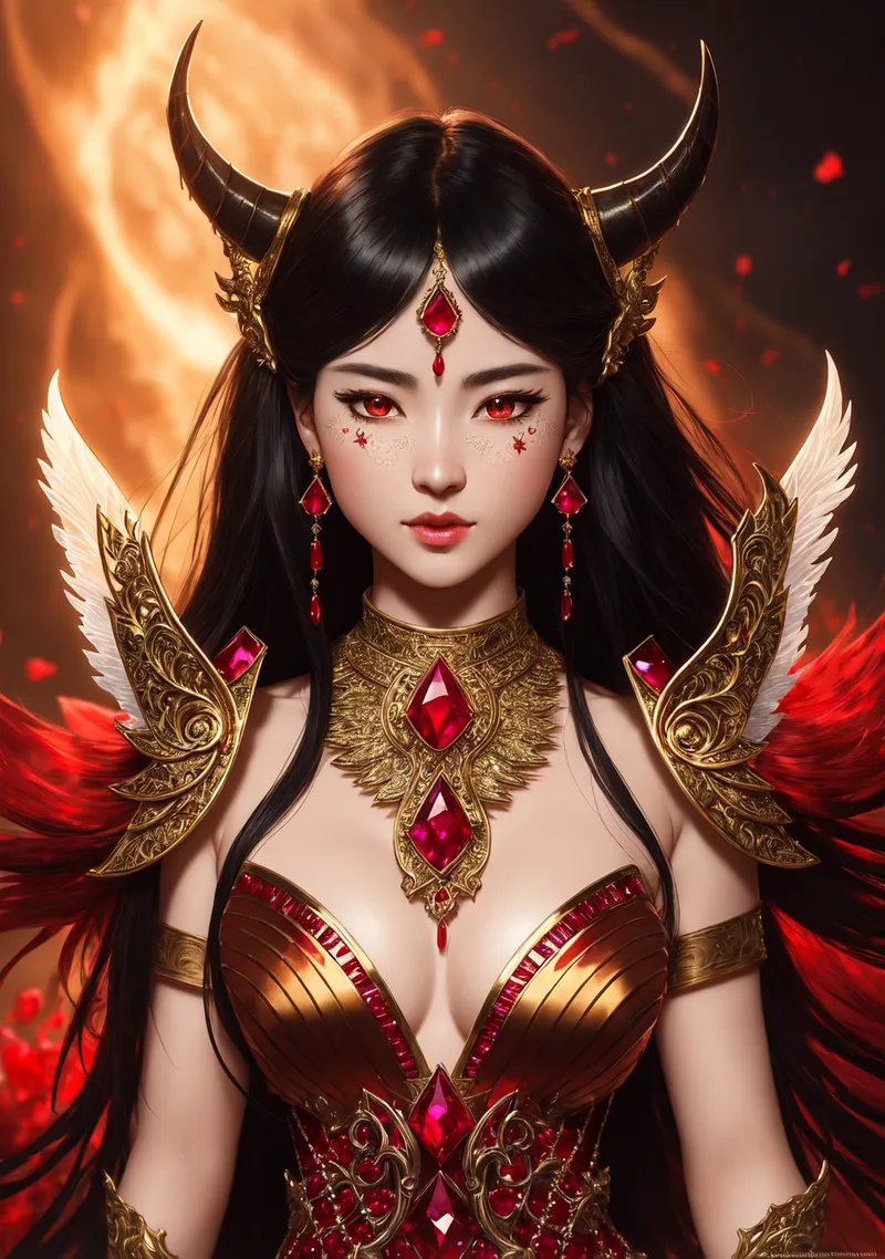 黒髪に湾曲した角を持ち、赤い瞳が印象的な悪魔のキャラクター。金色の装飾が施された衣装と宝石のようなルビーアクセサリーで身を纏い、白と赤の翼が炎の背景に映える神秘的なポートレート画像です。