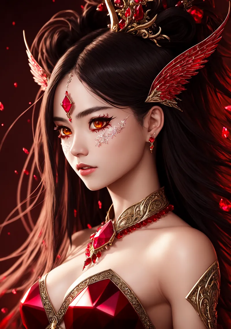 黒い長髪に金の装飾品を纏った優雅なポートレート。瞳は炎のような赤く輝き、額には赤いダイヤモンドの印が光ります。ファンタジーの世界観を映したアニメ調の美しい表情と、豪華な衣装の配色が印象的です。