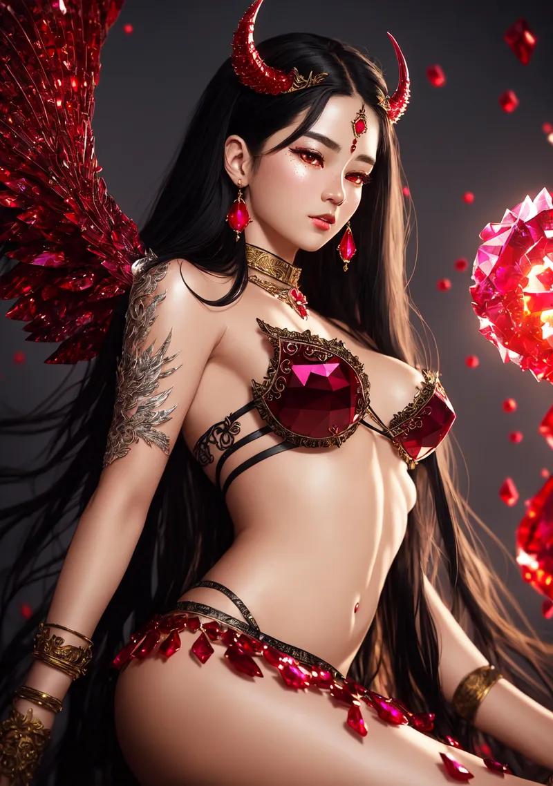 黒髪に赤い角と発光する翼を持つ妖艶なファンタジーキャラ。金色の装飾品とルビー色の宝石で装われた豪華な衣装が、幻想的で神秘的な雰囲気を醸し出しています。