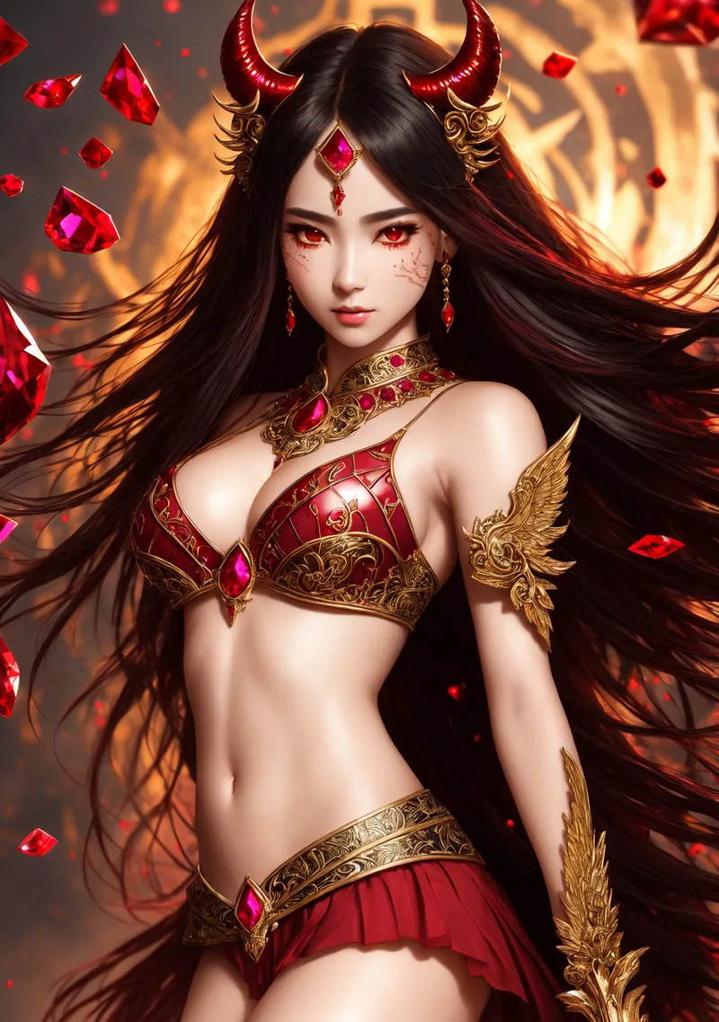 黒い長髪に金色の角をあしらい、赤い宝石で飾られた豪華な衣装を身にまとった神秘的な女性のポートレート。炎のような背景と浮遊する宝石が、異世界の妖艶な雰囲気を演出しています。