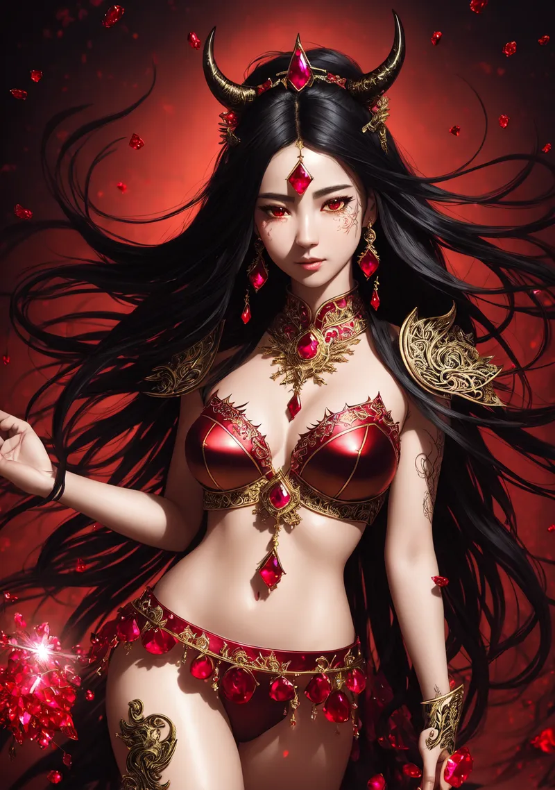 漆黒の長髪を靡かせ、角冠と紅い瞳で妖艶に佇む悪魔のキャラクター。金色の装飾品と紅い宝石で飾られた衣装が、幻想的な赤の背景に浮かび上がります。
