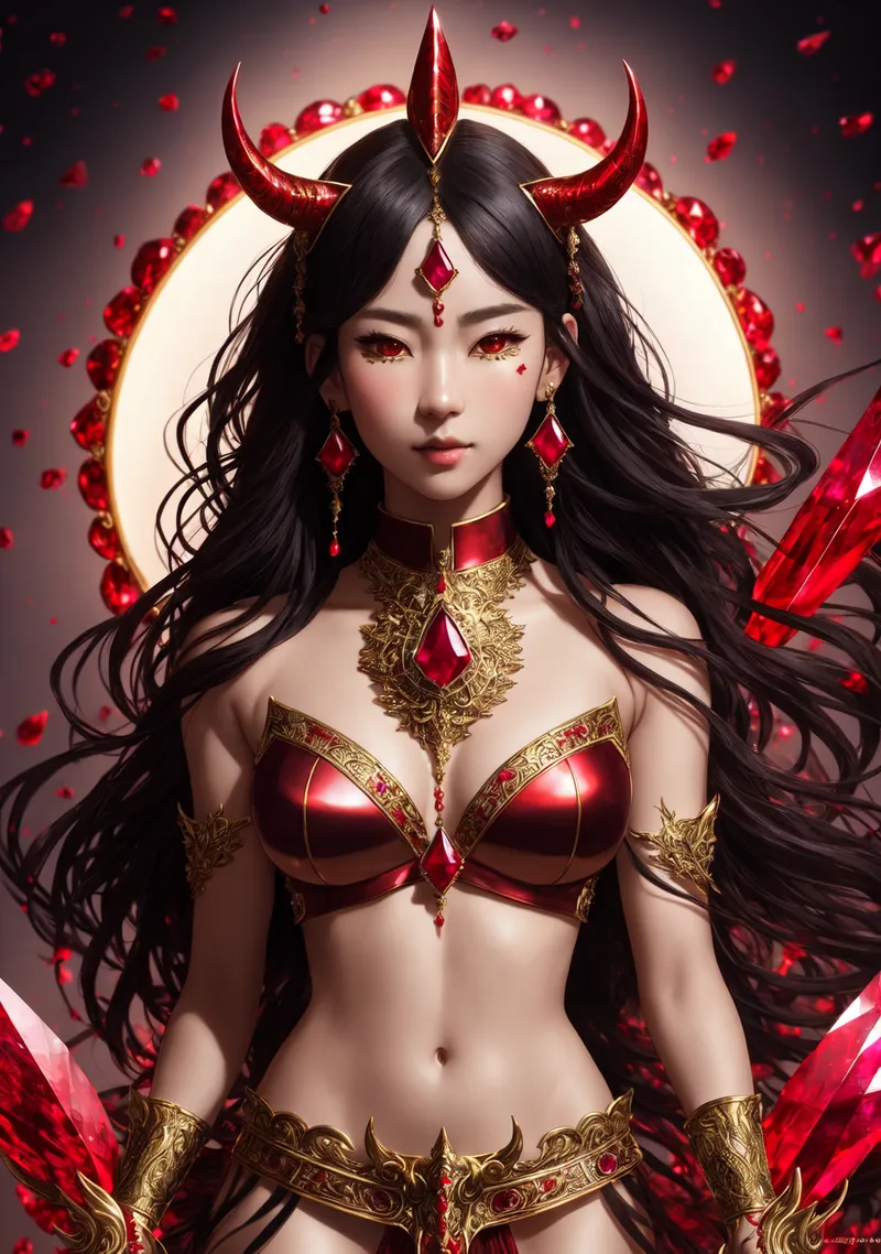 黒髪に赤い角を頂き、深紅の瞳で見つめる悪魔姫のポートレート。金色の唐草文様が施された豪華な装飾品と、宝石をあしらった王冠が神秘的な魅力を引き出しています。